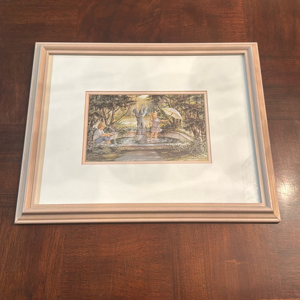Vintage Trisha Romance Fountain of Love Framed & Matted Print In Glass Art Wall